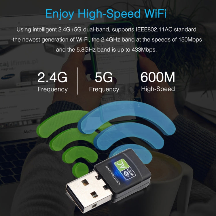 Scheda di rete esterna adattatore per unità WiFi USB 2.0 dual band AC600Mbps da 2,4 GHz e 5 GHz, AC600Mbps