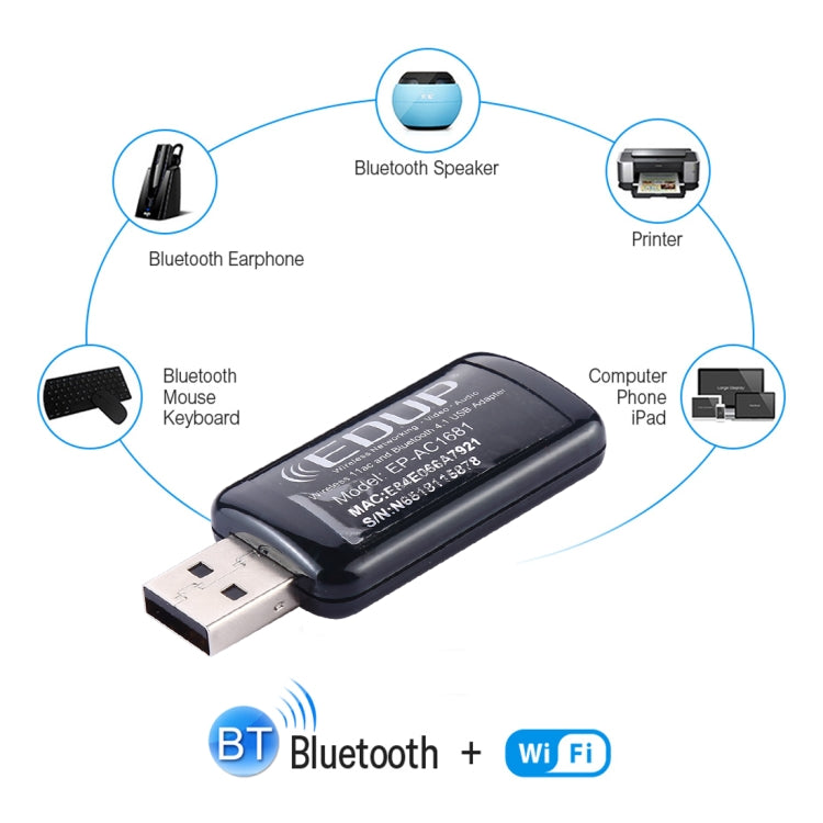 EDUP EP-AC1681 Scheda di rete esterna adattatore WiFi USB dual band AC1200Mbps 2,4 GHz e 5,8 GHz 2 in 1 con funzione Bluetooth 4.1, EP-AC1681