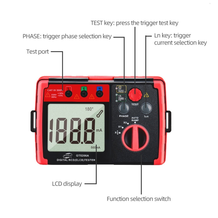 BENETECH GT5206A Professional LCD Digital Leakage Protector Switch Tester, GT5206A Leakage Protector Switch Tester