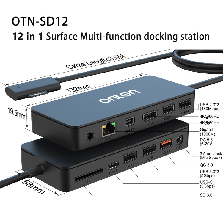 Onten SD12 per Microsoft Surface Docking station multifunzione 12 in 1, SD12