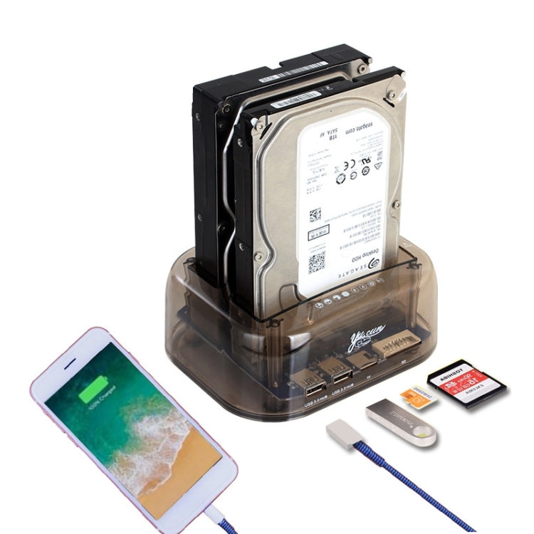 Custodia per HDD SATA doppia USB 3.0 da 2,5 / 3,5 pollici con funzione HUB e OTB, capacità massima di supporto: 16 TB