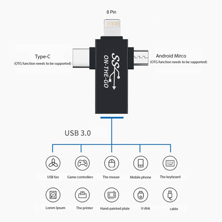 Adattatore OTG USB 3.0 a 8 pin, Micro USB e USB-C 3 in 1