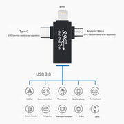 Adattatore OTG multifunzione da USB 3.0 a 8 pin + Micro USB + USB-C / Type-C 3 in 1