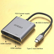 Onten 9175K 4 in 1 USB-C/Tipo-C a doppio HDMI + USB 3.0 + PD3.0 Porta di ricarica USB-C/Tipo-C Convertitore video HD 4K, 9175K