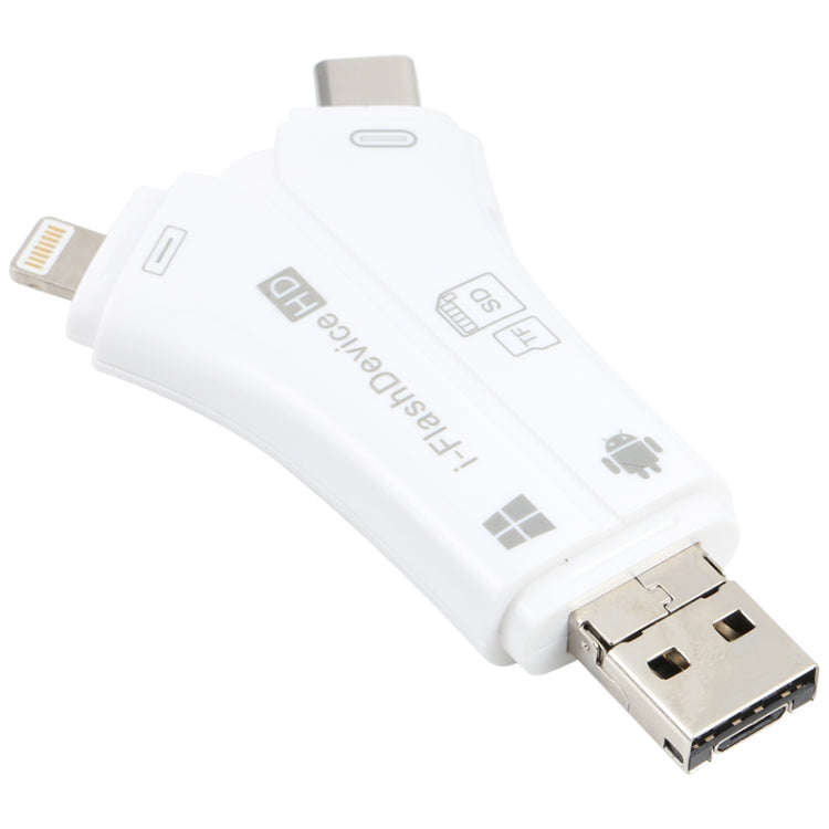 NK-908 Lettore di schede TF / schede SD i-Flash 4 in 1 a forma di Y per dispositivi 8 pin + USB-C / tipo C + Micro USB + USB, NK-908