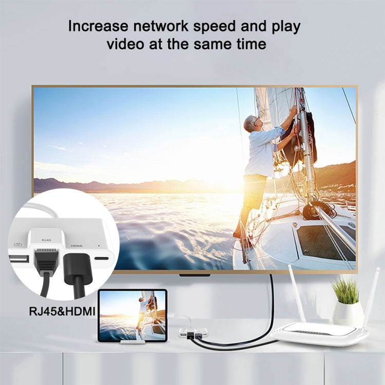 Alimentazione 4 in 1 da 8 pin maschio a 8 pin + Ethernet RJ45 + HDMI + adattatore AV digitale OTG femmina per fotocamera USB, RJ45 Ethernet