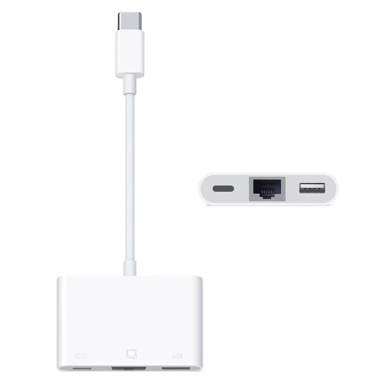 Adattatore 3 in 1 USB-C a USB, Ethernet e Type-C