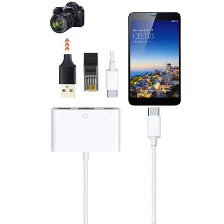 Adattatore 3 in 1 USB-C a USB, Ethernet e Type-C