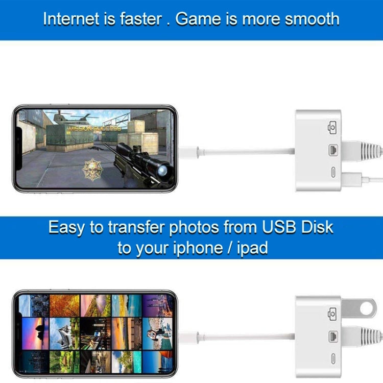 NK-107 3 in 1 Ethernet + USB + porte di ricarica femmina da 8 pin a cavo convertitore video digitale OTG maschio da 8 pin