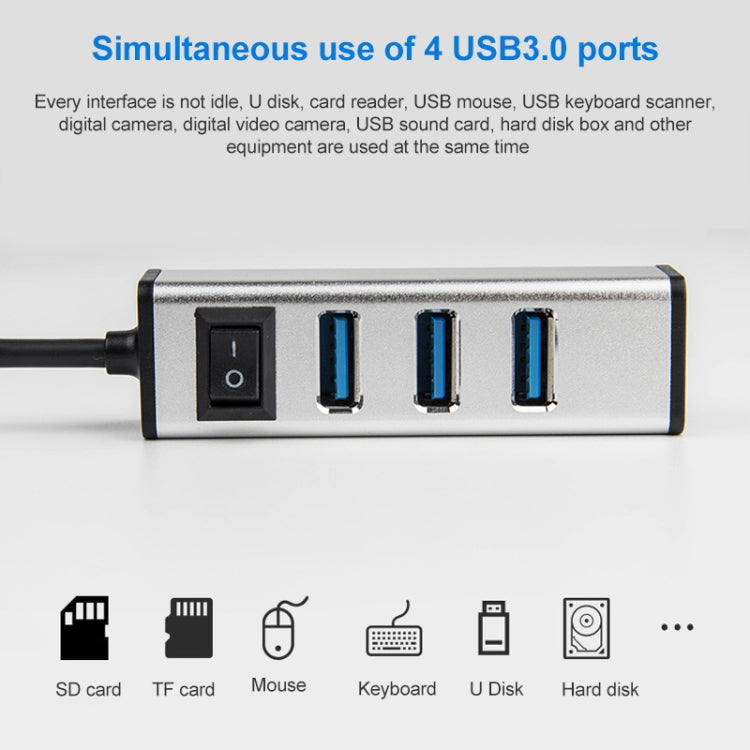 Hub USB-C 4 porte USB 3.0 in lega di alluminio con interruttore