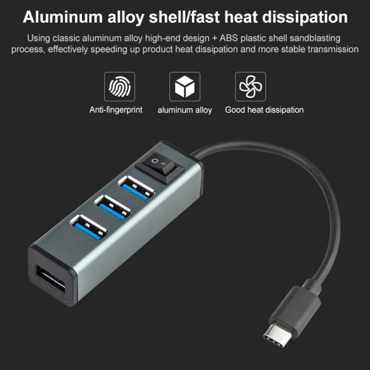Hub USB-C 4 porte USB 3.0 in lega di alluminio con interruttore