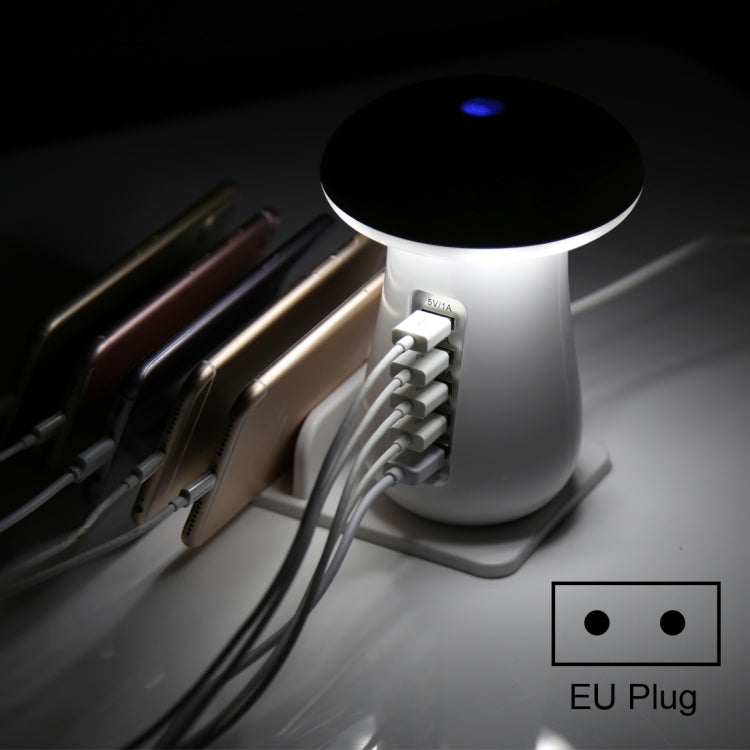 XLD888 5 porte (2 x 5 V/1 A + 2 x 5 V/2,1 A + 1 x QC3.0) Caricatore USB Caricatore per lampada da scrivania con luce a fungo con supporto per telefono, XLD888 EU, XLD888 UK, XLD888 US