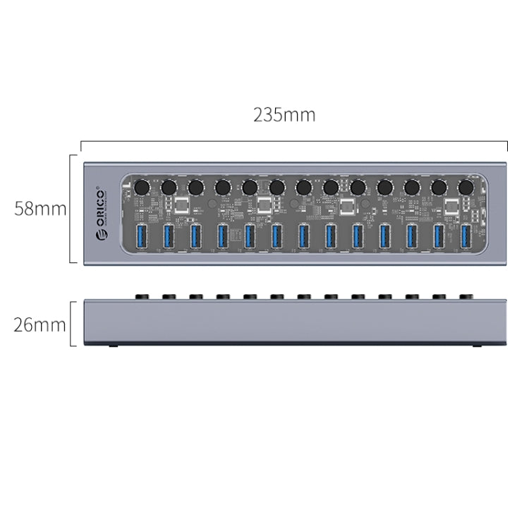 ORICO AT2U3-13AB-GY-BP HUB USB 3.0 a 13 porte con interruttori individuali e indicatore LED blu, spina americana, 13AB
