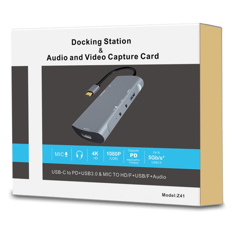 Z41 6 in 1 USB-C / Tipo-C a PD USB-C / Tipo-C + HD HDMI + USB 3.0 + 3,5 mm AUX + USB + Interfaccia microfono Docking station multifunzionale Scheda di acquisizione video