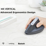 Logitech MX Vertical 4000 DPI USB-C/Type-C + Unifying + Bluetooth Mouse ottico verticale wireless ergonomico a tre modalità, MX Vertical