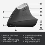 Logitech MX Vertical 4000 DPI USB-C/Type-C + Unifying + Bluetooth Mouse ottico verticale wireless ergonomico a tre modalità, MX Vertical