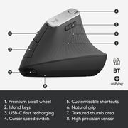 Logitech MX Vertical 4000 DPI USB-C/Type-C + Unifying + Bluetooth Mouse ottico verticale wireless ergonomico a tre modalità, MX Vertical