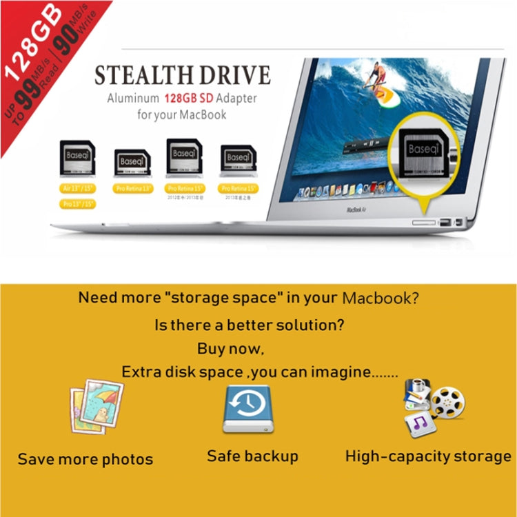 Scheda di memoria Micro SD (TF) in lega di alluminio BASEQI 504MSV da 128 GB per laptop Macbook Pro Retina da 15 pollici (fine 2013 - dopo), For Macbook Pro Retina 15(2013 Early)