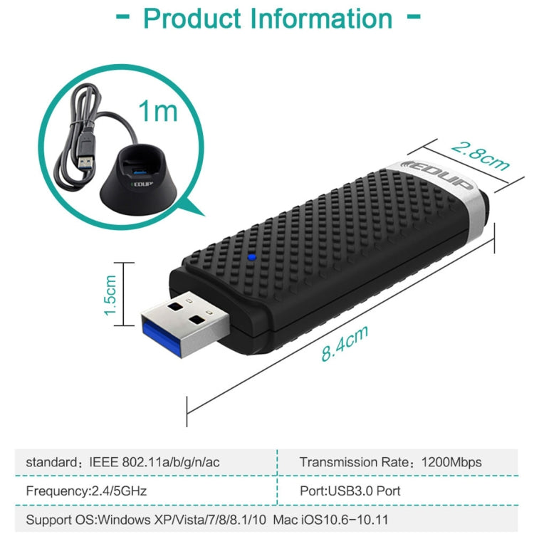 EDUP EP-AC1609 Adattatore Ethernet per ricevitore WiFi USB 3.0 ad alta velocità da 1200 Mbps con cavo di estensione da 1 m e base, EP-AC1609 1200Mbps
