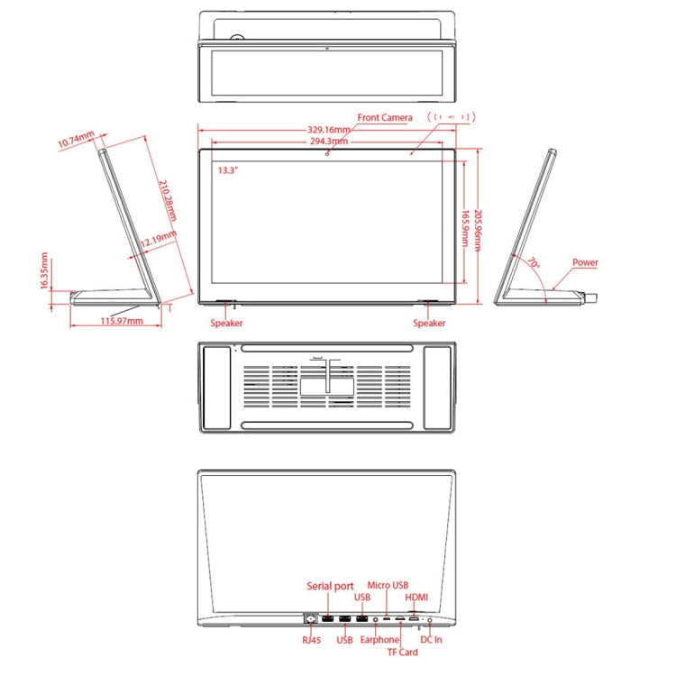 Cornice per foto digitali con display IPS da 13,3 pollici, RK3288 Cortex A17 Quad Core fino a 1,5 GHz, Windows 8.1, 2 GB+16 GB, supporto WiFi, Bluetooth, Ethernet, scheda TF, HDMI e jack da 3,5 mm., HSD1303T 13.3 inch