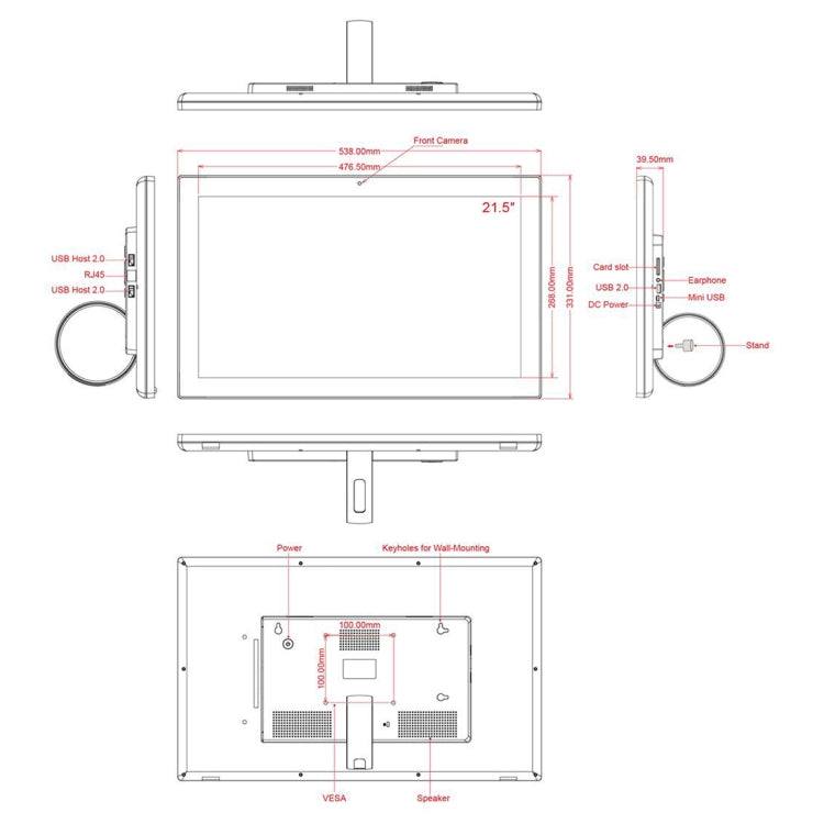 Cornice per foto digitali con display LCD da 21,5 pollici, Cortex A17 quad core RK3288 fino a 1,8 GHz, Android 8.1, 2 GB+16 GB, supporto WiFi ed Ethernet, Bluetooth, scheda SD e jack da 3,5 mm, HSD2151 21.5 inch