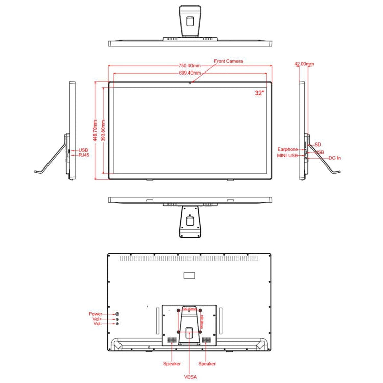 Cornice per foto digitali con display LCD da 32 pollici, Cortex A17 quad core RK3288 fino a 1,8 GHz, Android 8.1, 2 GB+16 GB, supporto WiFi ed Ethernet, Bluetooth, scheda SD e jack da 3,5 mm, HSD3201 32 inch