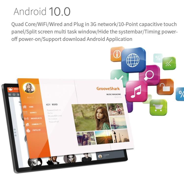 Cornice per foto digitali con display LCD da 21,5 pollici, dual-core A72 + quad-core A53, RK3399 fino a 2,0 GHz, Android 7.1, 2 GB+16 GB, supporto WiFi ed Ethernet, Bluetooth, scheda SD e jack da 3,5 mm