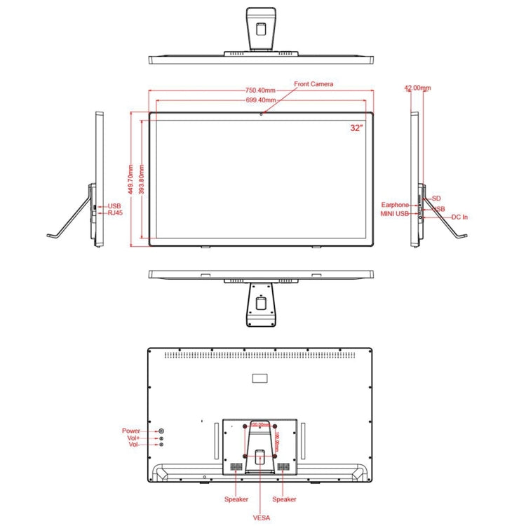 Cornice per foto digitali con display LCD da 32 pollici, RK3399 Dual-core A72 + Quad-core A53 fino a 2,0 GHz, Android 7.1, 2 GB+16 GB, supporto WiFi ed Ethernet, Bluetooth, scheda SD e jack da 3,5 mm