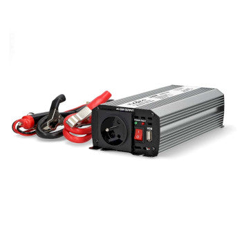 Power Inverter Modified Sine Wave | Input voltage: 12 V DC | Device power output connection(s): Type E (CEE 7/5) / USB-A | 230V AC 50Hz | 600W | Peak power output: 1200W | Battery Clamps + Cigarette Lighter | Silver