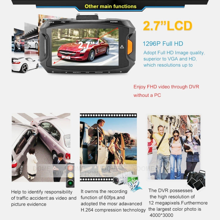 GS90C Telecamera DVR per auto Schermo LCD da 2,7 pollici HD 2304 x 1296P Visione grandangolare da 170 gradi, Supporto rilevamento movimento / Scheda TF / Sensore G / HDMI, GS90C