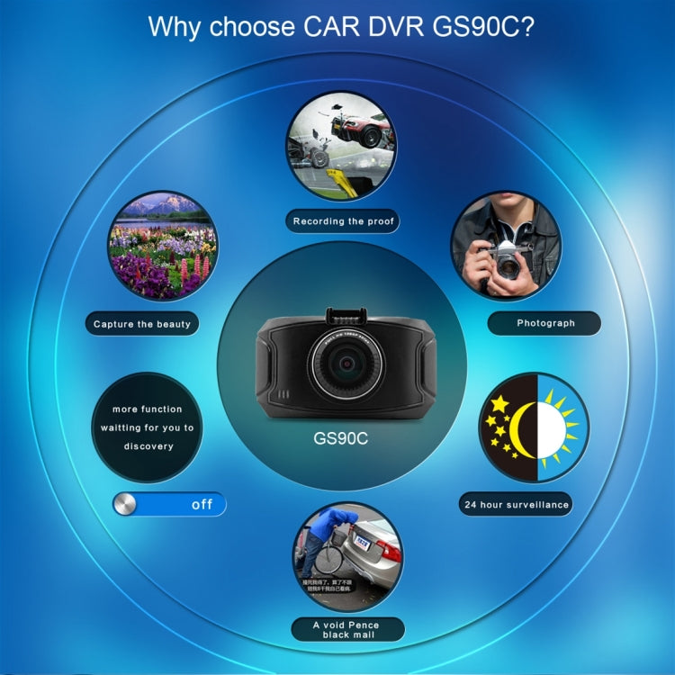 GS90C Telecamera DVR per auto Schermo LCD da 2,7 pollici HD 2304 x 1296P Visione grandangolare da 170 gradi, Supporto rilevamento movimento / Scheda TF / Sensore G / HDMI, GS90C