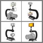 PULUZ Stabilizzatore per staffa DV portatile a forma di U/C + kit luce da studio a LED con testa per treppiede con slitta fredda per tutte le fotocamere reflex e fotocamera DV domestica, Bracket Kits + LED