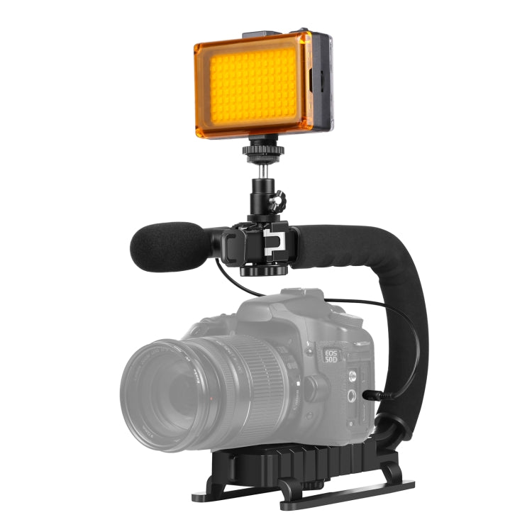 PULUZ Stabilizzatore per staffa DV portatile a forma di U/C + luce da studio a LED + kit microfono per fucile video con testa per treppiede con slitta fredda per tutte le fotocamere reflex e fotocamera DV domestica, Bracket + Mic + LED(AE)             ...