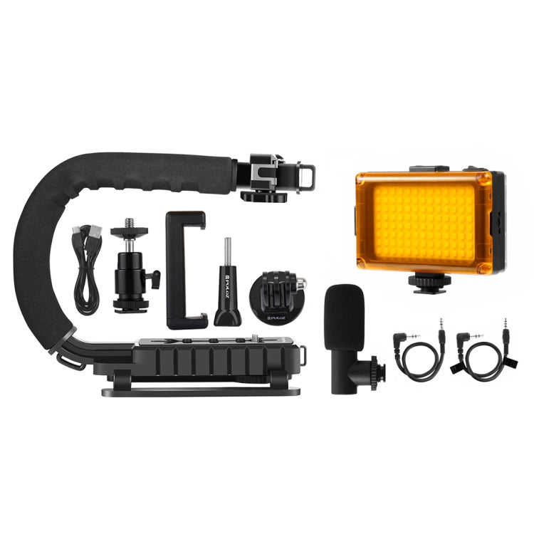PULUZ Stabilizzatore per staffa DV portatile a forma di U/C + luce da studio a LED + kit microfono per fucile video con testa per treppiede con slitta fredda per tutte le fotocamere reflex e fotocamera DV domestica, Bracket + Mic + LED(AE)             ...