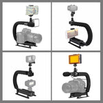 PULUZ Stabilizzatore per staffa DV portatile a forma di U/C + luce da studio a LED + kit microfono per fucile video con testa per treppiede con slitta fredda per tutte le fotocamere reflex e fotocamera DV domestica, Bracket + Mic + LED(AE)             ...
