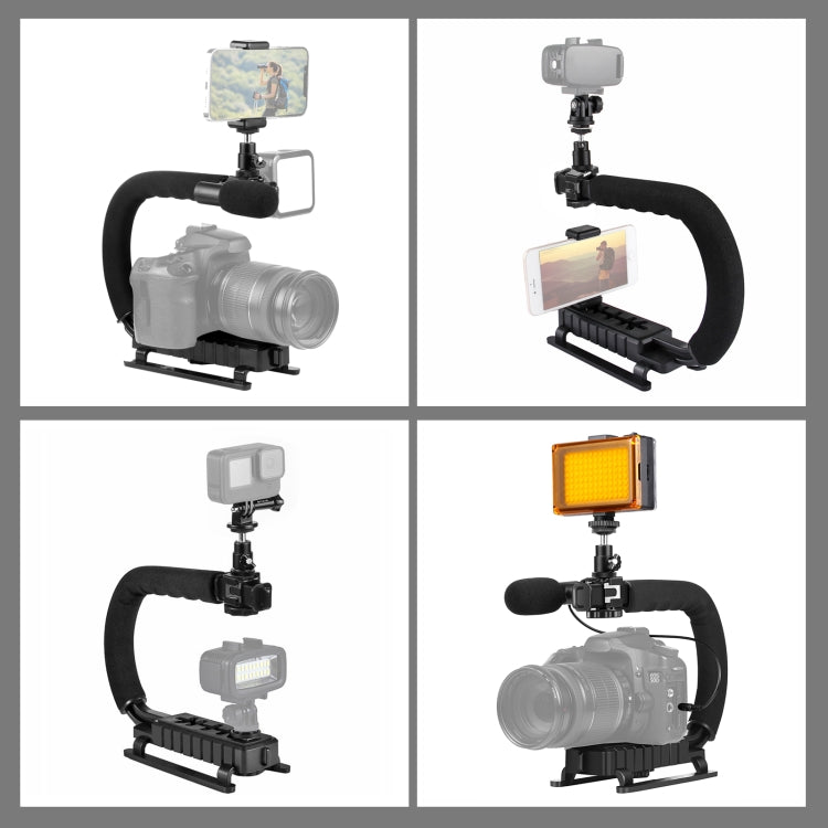 PULUZ Stabilizzatore per staffa DV portatile a forma di U/C + luce da studio a LED + kit microfono per fucile video con testa per treppiede con slitta fredda per tutte le fotocamere reflex e fotocamera DV domestica, Bracket + Mic + LED(AE)             ...