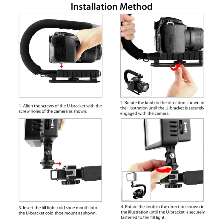PULUZ Stabilizzatore per staffa DV portatile a forma di U/C + luce da studio a LED + kit microfono per fucile video con testa per treppiede con slitta fredda per tutte le fotocamere reflex e fotocamera DV domestica, Bracket + Mic + LED(AE)             ...