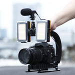 PULUZ Stabilizzatore per staffa DV portatile a forma di U/C + luce da studio a LED + kit microfono per fucile video con testa per treppiede con slitta fredda per tutte le fotocamere reflex e fotocamera DV domestica, Bracket + Mic + LED(AE)             ...