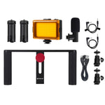 PULUZ 4 in 1 Vlogging Trasmissione dal vivo LED Selfie Light Smartphone Video Rig Maniglia Stabilizzatore Kit staffa in alluminio con microfono + Supporto per treppiede + Testa per treppiede con slitta fredda, Aluminum Bracket Kits
