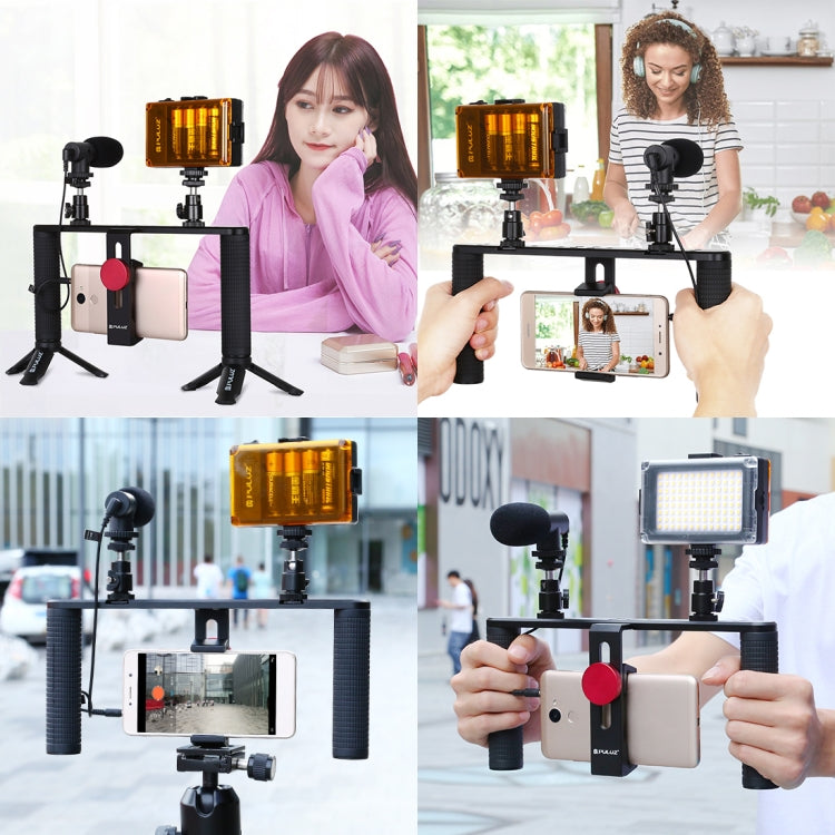 PULUZ 4 in 1 Vlogging Trasmissione dal vivo LED Selfie Light Smartphone Video Rig Maniglia Stabilizzatore Kit staffa in alluminio con microfono + Supporto per treppiede + Testa per treppiede con slitta fredda, Aluminum Bracket Kits