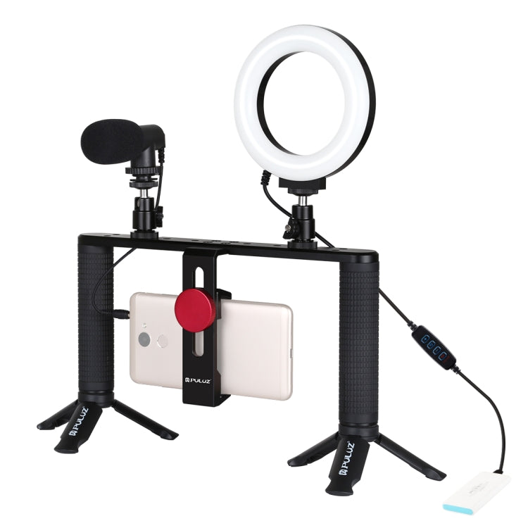 PULUZ 4 in 1 Vlogging Trasmissione dal vivo 4,7 pollici 12 cm Anello LED Selfie Light Smartphone Video Rig Maniglia Stabilizzatore Kit staffa in alluminio con microfono + Supporto per treppiede + Testa per treppiede con slitta fredda                   ...