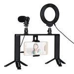 PULUZ 4 in 1 Vlogging Trasmissione dal vivo 4,7 pollici 12 cm Anello LED Selfie Light Smartphone Video Rig Maniglia Stabilizzatore Kit staffa in alluminio con microfono + Supporto per treppiede + Testa per treppiede con slitta fredda                   ...