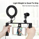 PULUZ 4 in 1 Vlogging Trasmissione dal vivo 4,7 pollici 12 cm Anello LED Selfie Light Smartphone Video Rig Maniglia Stabilizzatore Kit staffa in alluminio con microfono + Supporto per treppiede + Testa per treppiede con slitta fredda                   ...