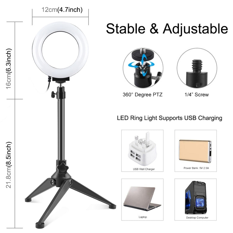 PULUZ 4.7 pollici 12 cm USB 3 modalità dimmerabile anello LED Vlogging fotografia luci video + supporto per treppiede da tavolo con testa a sfera per treppiede con slitta fredda, Tripod Stand + Ring LED