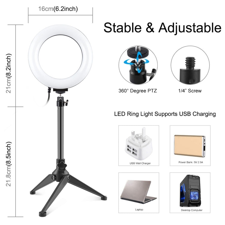 PULUZ 6,2 pollici 16 cm USB 3 modalità dimmerabile anello LED Vlogging fotografia luci video + supporto per treppiede da tavolo con testa a sfera per treppiede con slitta fredda, Tripod Mount+6.2 inch Light