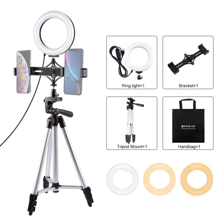 Supporto per treppiede PULUZ + staffa per doppio telefono per trasmissione in diretta + kit luce video per vlogging ad anello LED da 6,2 pollici 16 cm, 3 in 1