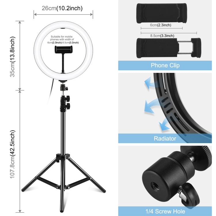 PULUZ Anello luminoso a LED da 10,2 pollici 26 cm + supporto per treppiede da 1,1 m Kit per trasmissione in diretta di luce video per selfie bellezza Vlogging, 1.1m Tripod Mount+Ring Light