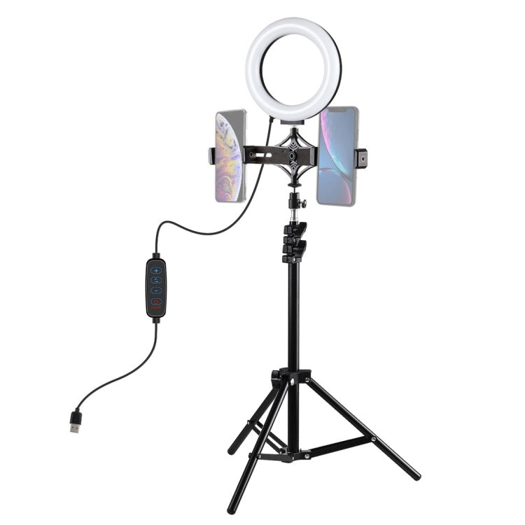 Supporto per treppiede PULUZ da 1,1 m + staffa per doppio telefono per trasmissione in diretta + kit luce video per vlogging ad anello LED da 6,2 pollici 16 cm, 3 in 1 Live Broadcast Kits