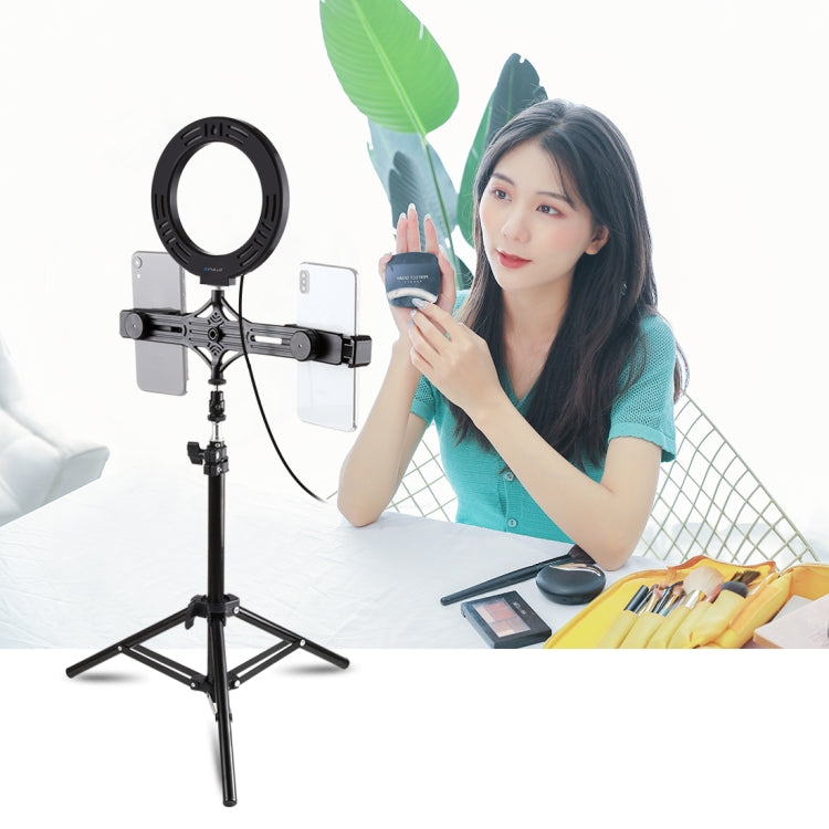 PULUZ Supporto per treppiede da 70 cm + Staffa per doppio telefono per trasmissione in diretta + Kit luce video per vlogging ad anello LED da 6,2 pollici 16 cm, 70cm Tripod Mount+Ring Light