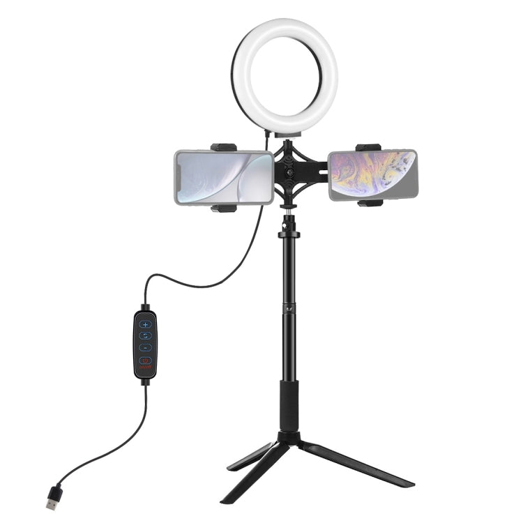 Supporto per treppiede PULUZ + asta di prolunga + staffa per doppio telefono per trasmissione in diretta + kit luce video per vlogging ad anello LED da 6,2 pollici 16 cm, 4 in 1 Live Broadcast Kits